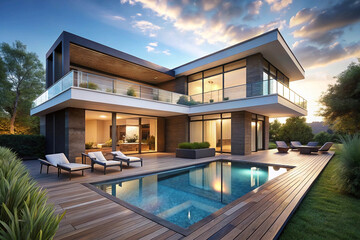 Fototapeta premium Modern luxury house with pool and deck at sunset.