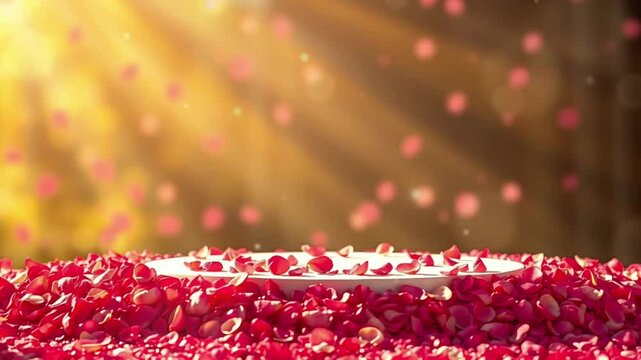 White round podium decorated with pink and white rose petals on a blurred background with rose petals hanging and bokeh lights, creating a romantic and elegant atmosphere for product presentation.
