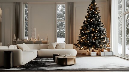 Fototapeta premium Cozy winter wonderland featuring a majestic Christmas tree and modern couch decorations in a beautifully designed living room.