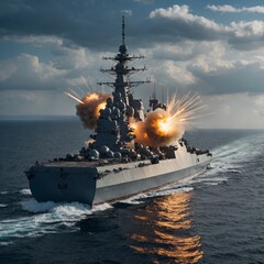 A battleship equipped with an anti-missile laser defense system.