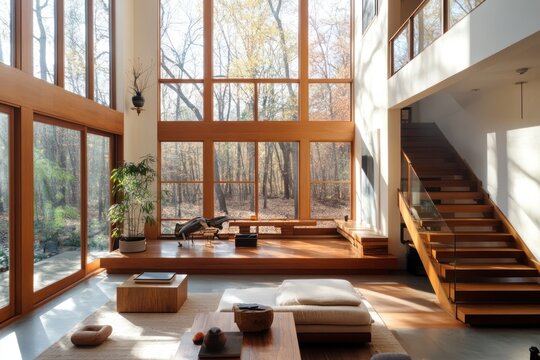 Modern living room interior featuring a wooden staircase, large windows, and a minimalist approach to design