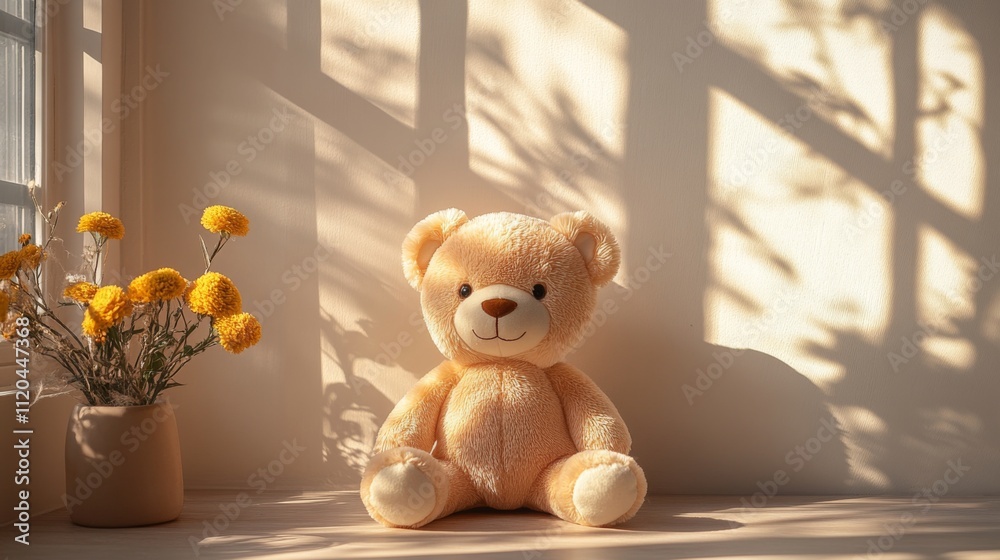 Aufkleber a plush teddy bear, soft and inviting, rests on a light wooden surface near a vase of yellow flowers