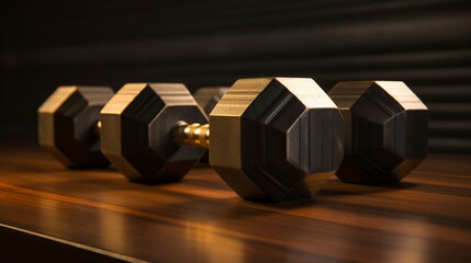 A photo of a set of hexagonal dumbbells in a row.