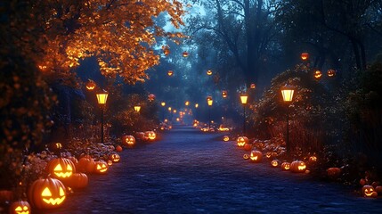 Dark Halloween path glowing pumpkins and lanterns theme image