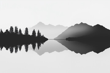 A simple, minimalist photograph of the silhouette of mountains in New Zealand against a gray sky, with water reflecting them and trees on one side. The photo is taken from across a serene lake, with s