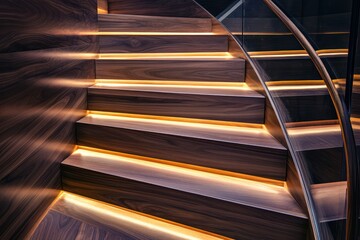 Chic wooden staircase with glass railings, subtly lit by LED lights, creating a contemporary yet warm atmosphere in a modern home
