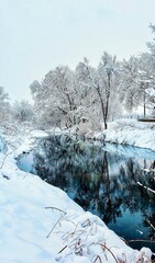 blue pond reflections in winter wonderland