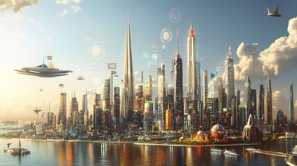Futuristic Smart City Skyline with Digital Elements and Modern Design