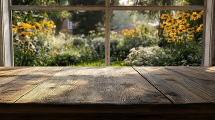 Rustic Wooden Table with Morning Light, Garden View through Window