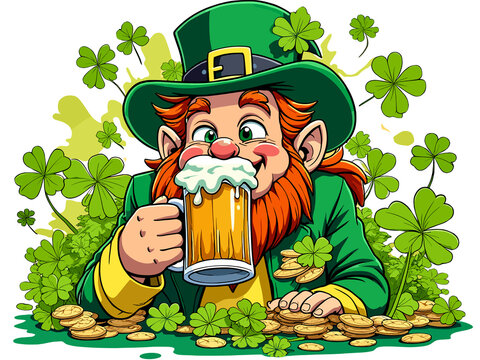 Cheerful leprechaun enjoying a pint of beer amidst clovers and gold coins on St. Patrick's Day