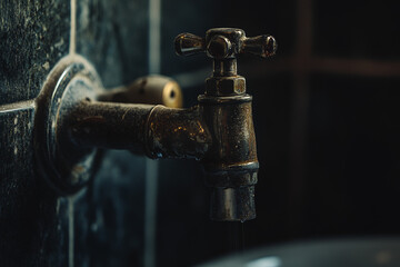Water drips from an old faucet in a dimly lit bathroom setting with dark tiled walls