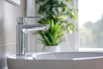 Modern bathroom faucet beside a white sink with greenery in a bright, stylish space