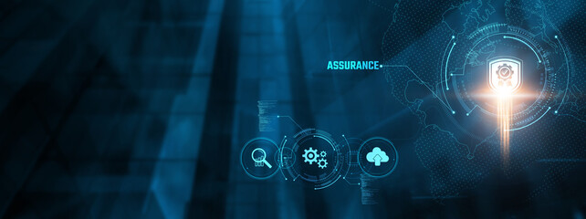 Assurance Concept: Businessman ensuring quality standards, reliability, compliance, risk management, performance evaluation, trustworthiness, security on virtual interface.