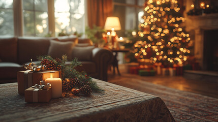 a beautifully decorated Christmas living room with a lit-up Christmas tree, wrapped gifts, a decorated fireplace mantle, and soft lighting