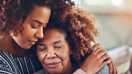 Cropped image of a home caregiver comforting a senior woman.