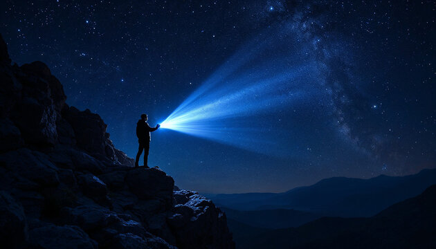 A person on a rocky cliff shines a flashlight beam into a starry night sky.

