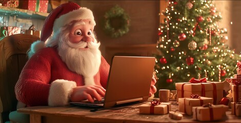 3D illustration of Santa Claus in a workshop using a laptop for online gift deliveries, surrounded by wrapped presents and a decorated Christmas tree 2026 - 2027.