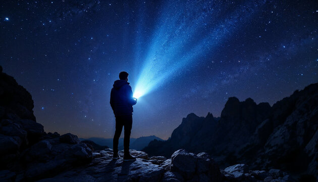 A person on a rocky cliff shines a flashlight beam into a starry night sky.

