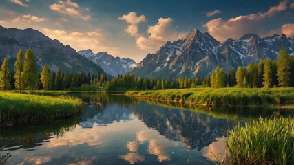 Fototapeta premium landscape with river and mountains