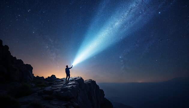 A person on a rocky cliff shines a flashlight beam into a starry night sky.

