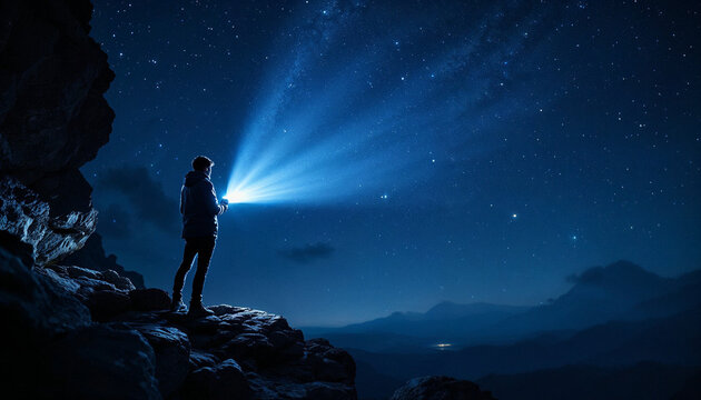 A person on a rocky cliff shines a flashlight beam into a starry night sky.

