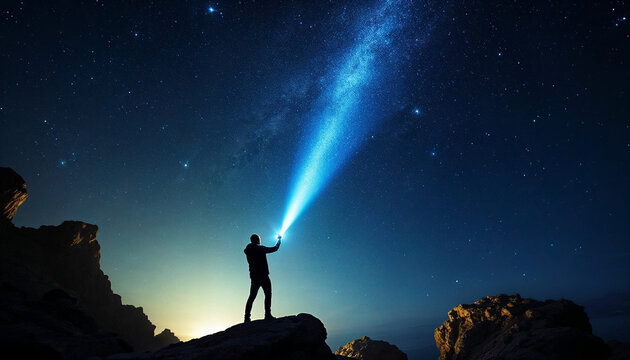 A person on a rocky cliff shines a flashlight beam into a starry night sky.

