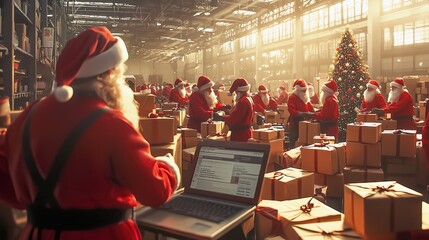 Close-up of Santa Claus working on a laptop in a festive warehouse surrounded by gift boxes, with a Christmas tree in the background. Perfect for logistics and holiday marketing visuals.
