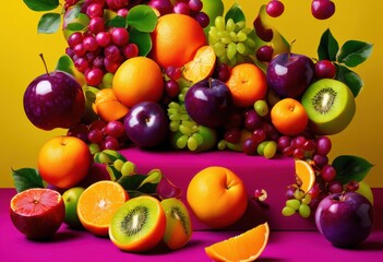 gravity defying fruit composition showcasing colorful arrangement various fruits bright vibrant backdrop, apple, orange, banana, grape, pineapple