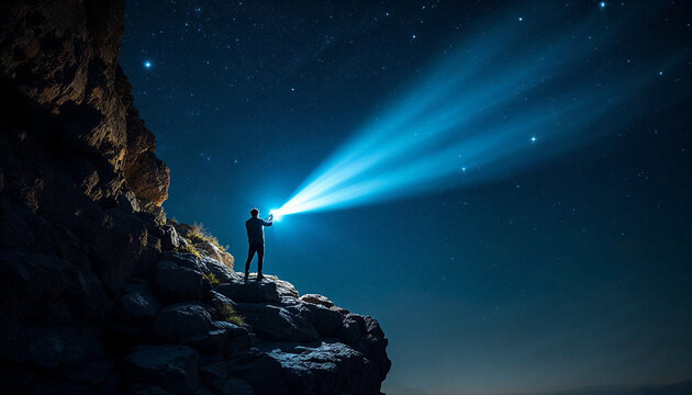 A person on a rocky cliff shines a flashlight beam into a starry night sky.

