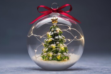 A transparent glass snow globe Christmas ornament designed as a miniature Christmas tree with twinkling lights delicate ornaments and a golden star on top