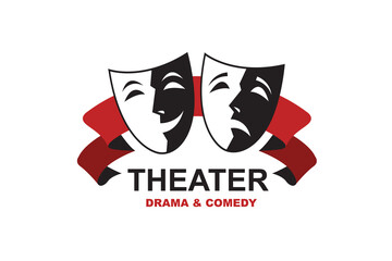icon of comedy and tragedy theatrical masks with ribbon isolated on white background