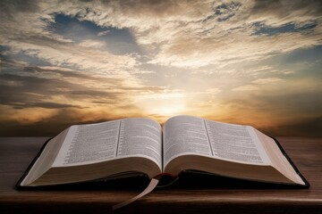 The Bible and sunrise An open book or an open Bible rests on a rustic picnic table under a vast dramatic sky and clouds