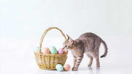 Curious tabby cat investigating Easter basket with pastel eggs, spring holiday concept for pet store marketing, social media content and greeting cards