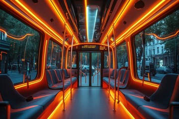 Fototapeta premium Illuminated tram interior urban transit photography nighttime interior view modern design aesthetics