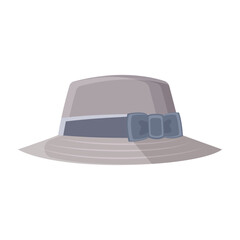 Stylish gray hat with a blue ribbon and bow design, simple graphic style, isolated on a white background. Concept of fashion accessory. Vector illustration