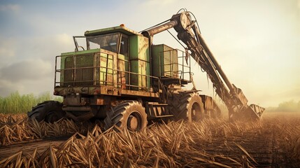 A photo of a sugar cane harvester at work.