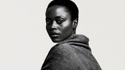 Fototapeta premium A black-and-white studio portrait of an African woman with short hair, wearing a long, grey cloak 