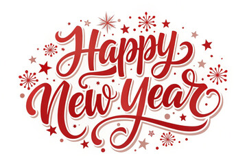 Red "Happy New Year" lettering with stars and fireworks.