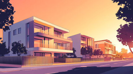 Obraz premium Sleek, modern apartment buildings with large glass windows, clean lines, and neutral-colored facades (white, gray, beige). 