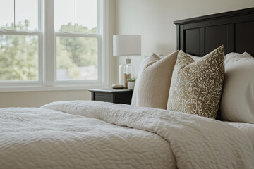 Fototapeta premium A close-up shot of the cozy bed in an elegant bedroom, featuring plush pillows and luxurious bedding against a window with white walls and a wooden headboard. The room is bathed in warm natural light.