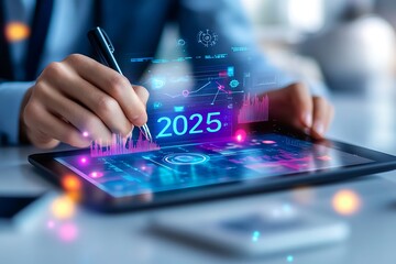 2025 new year forecast strategy. Startup business 2025 positive indicators concept. Businessman use tablet write 2025 target goals icon, virtual screen technology.AI GENERATED	