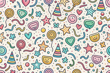 Seamless pattern with colorful hand-drawn party elements on a light background.