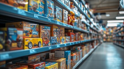 Naklejka premium Shoppers browse through a vibrant aisle packed with toys and games displayed in neat rows. The shelves are filled with colorful boxes and models, creating an inviting atmosphere.