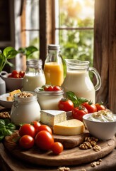close exploration vibrant dairy products displayed natural setting fresh ingredients inviting colors, milk, cheese, yogurt, butter, cream, freshness