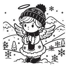 little snow angel in a snowy field vector black color white color background 