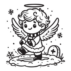 little snow angel in a snowy field vector black color white color background 
