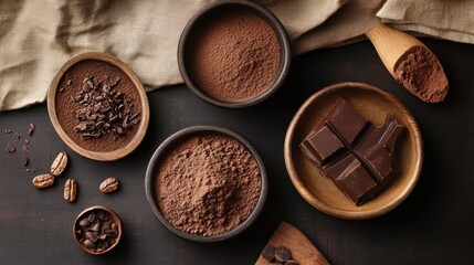 Assorted cocoa powder, chocolate bars, and coffee beans arranged in wooden bowls on a rustic dark background