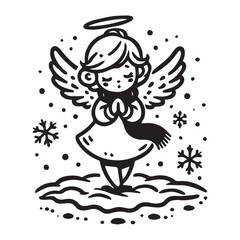 little snow angel in a snowy field vector black color white color background 