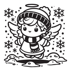 little snow angel in a snowy field vector black color white color background 