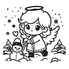 little snow angel in a snowy field vector black color white color background 